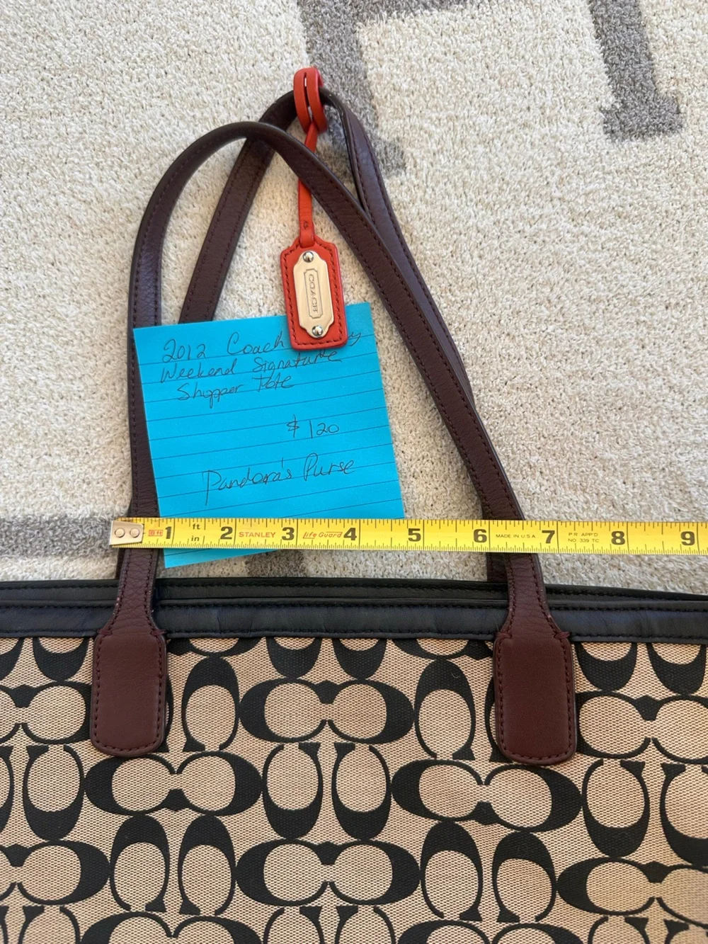 Coach Canvas Tote in Khaki and Black with Brown Leather Trim